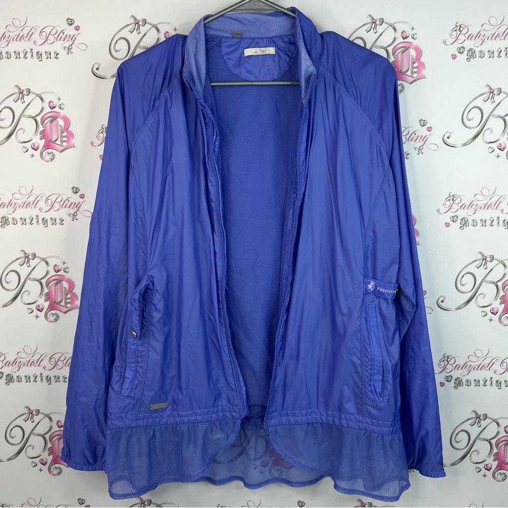 adidas jacket coat wind breaker pockets purple white Blue Utility ruffle hem
